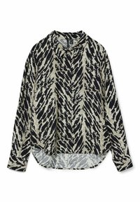 Camicia con bottoni nera e crema con un motivo a strisce tigre, maniche lunghe e orlo curvo. Il tessuto sembra leggero e strutturato.