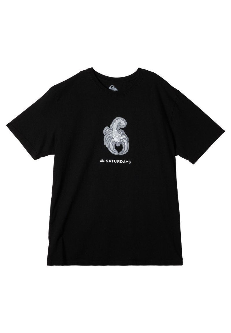 Black cotton t-shirt featuring a textured gray scorpion graphic and the word "SATURDAYS" underneath in white. Short sleeves, round neck.
