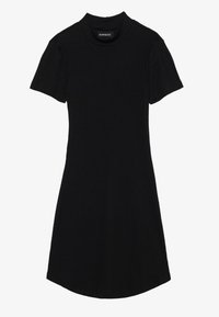 Schwarzes Kleid mit tailliertem Oberteil, kurzen Ärmeln und hohem Kragen. Aus glattem Stoff gefertigt, hat es eine A-Linie-Silhouette und einen knielangen Saum.