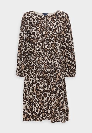 Leopardprintkjole med lange ærmer, rund halsudskæring og elastisk talje, lavet af letvægts, struktureret stof i beige og brune nuancer.