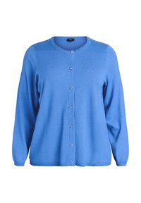Modrá cardigan s dlhými rukávmi, okrúhlym výstrihom a šiestimi gombíkovými zapínaniami. Vyrobená z mäkkej tkaniny s hladkou textúrou a ribbovaným lemom.
