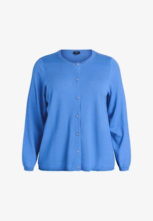 Blå cardigan med långa ärmar, rund hals och sex knappstängningar. Tillverkad av mjukt tyg med en slät textur och ribbad fåll.