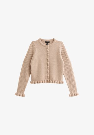 Cárdigan beige de punto con mangas largas estampadas, cierre con botones al frente, cuello redondo y bordes con volantes en el bajo y los puños.