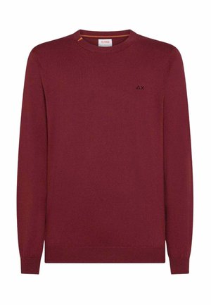 Maglione bordeaux realizzato in tessuto morbido, con colletto a girocollo, maniche lunghe e un piccolo logo nero sul lato sinistro del petto.
