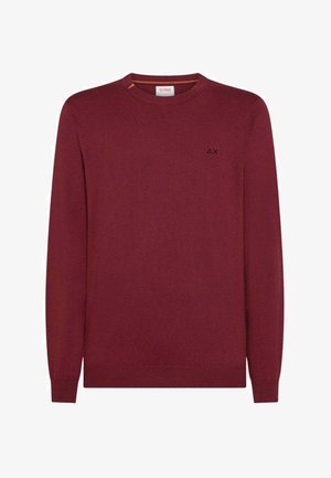 Maglione bordeaux realizzato in tessuto morbido, con colletto a girocollo, maniche lunghe e un piccolo logo nero sul lato sinistro del petto.
