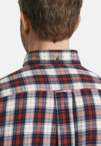 Karierter Hemd mit rot-weißer-blauer Karomuster, mit einem Punktkragen und einem Rückenschlitzdetails. Das Material scheint weich und strukturiert zu sein.
