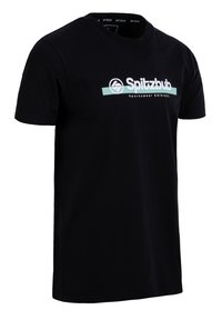 Black cotton t-shirt with short sleeves, featuring a white and light blue logo "Spitzbub" on the front. Classic crew neck design.