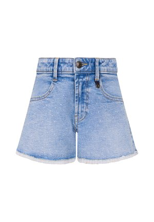 Hellblaue Jeansshorts mit kleinen weißen Sprenkeln, ausgefranstem Saum, Gürtelschlaufen, Vordertaschen und Knopfverschluss.