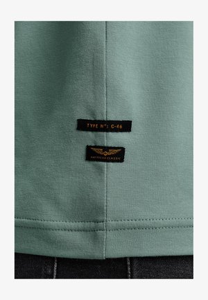 Groene katoen t-shirt met een gladde textuur, featuring twee zwarte labels met de tekst "TYPE NO: C-46" en "AMERICAN CLASSIC" in oranje letters.