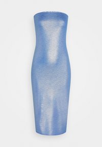 Livets blå klänning utan axelband, kroppsnära passform med en glänsande, strukturerad yta; knälång med en slät silhuett och utan synliga sömmar.