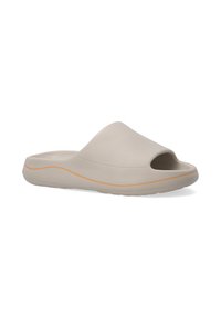 Beige open-toe slide sandal with a smooth, matte finish, featuring a subtle orange accent line along the sole and a contoured footbed.
