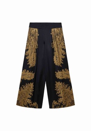 Zwarte culottes met een gouden paisleypatroon langs de zijkanten, met een wijd been ontwerp en een elastische tailleband. Glad textuur.