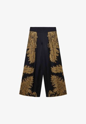 Zwarte culottes met een gouden paisleypatroon langs de zijkanten, met een wijd been ontwerp en een elastische tailleband. Glad textuur.
