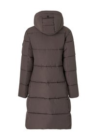 Cappotto lungo imbottito marrone con cappuccio, caratterizzato da cuciture orizzontali, maniche lunghe e tessuto solido. Vista posteriore mostrata.