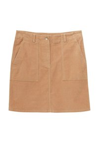 Jupe en velours côtelé de coton de couleur brun clair. Elle possède deux poches avant, des coutures visibles et une taille avec une fermeture à bouton. Design en A.