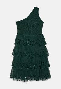 Robe de cocktail asymétrique vert foncé avec une jupe en tulle à couches ornée de petites paillettes noires brillantes.