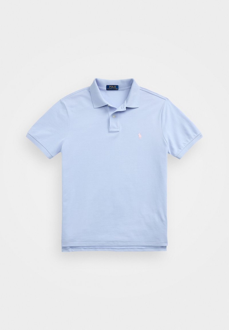 Light blue polo shirt in cotton fabric, featuring a ribbed collar, two-button placket, and a small pink logo on the chest.