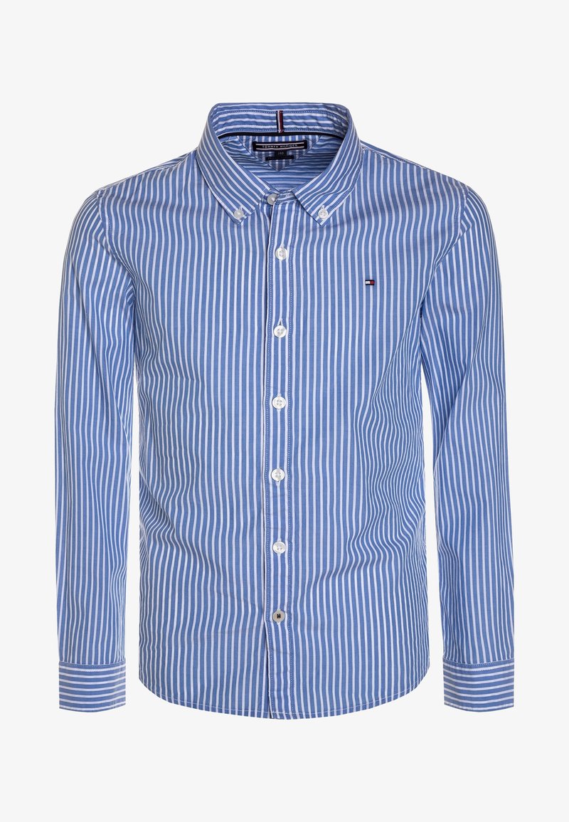 Blauw-wit verticaal gestreept button-up shirt met een puntkraag, lange mouwen en een klein logo op de linkerkant van de borst.