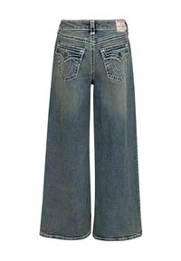 Jeansy z szerokimi nogawkami z denimu w jasnoniebieskim odcieniu, z dwoma tylnymi kieszeniami ozdobionymi przeszyciami oraz metką na tylnej części pasa.