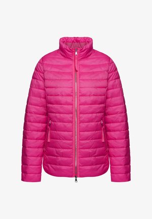 Fitted pink puffer jacket with a high collar, horizontal quilting, front zipper, and side pockets. Smooth fabric with slight sheen.