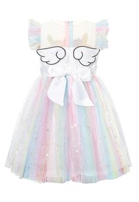 Pastel tulle dress with short, ruffled sleeves, white bodice, black wing embroidery, satin bow at waist, and shimmering star accents on skirt.