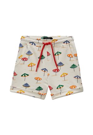 Shorts en coton avec une taille élastique et un cordon de serrage rouge. Présente un fond crème avec des motifs de parapluies colorés et des poignets roulés.