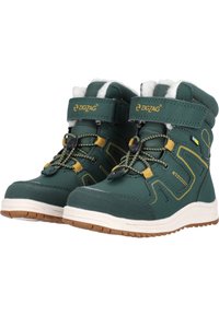 Groene winterlaarzen met een zachte voering, gele accenten, elastische veters en een verstelbare riem. Robuuste rubberen loopzool voor grip op verschillende oppervlakken.