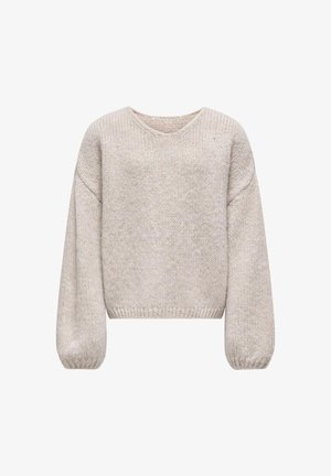 Béžový pletený svetr s výstřihem do V, dlouhými balónovými rukávy a žebrovanými manžetami. Texturovaný materiál s měkkým, mírně chlupatým vzhledem.