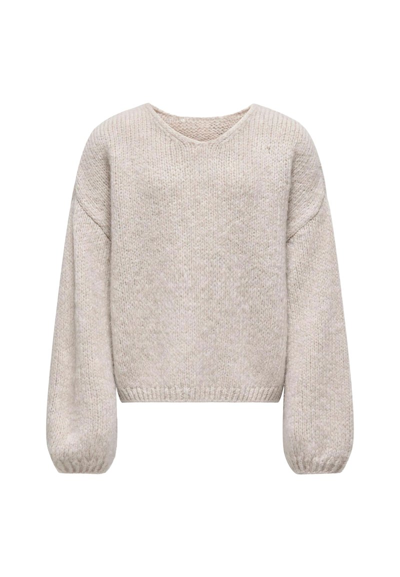 Bež pulover iz pletenine z V-izrezom, dolgimi balonastimi rokavi in rebrastimi manšetami. Teksturiran material z mehkobnim, rahlo puhastim videzom.