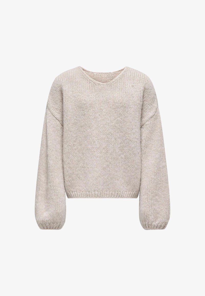 Bež pulover iz pletenine z V-izrezom, dolgimi balonastimi rokavi in rebrastimi manšetami. Teksturiran material z mehkobnim, rahlo puhastim videzom.