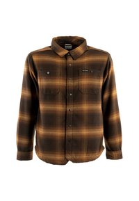 Brązowa i pomarańczowa koszula w kratę z miękkiego materiału, z dwiema kieszeniami na piersiach z zatrzaskami, zapinana na guziki z kołnierzykiem.