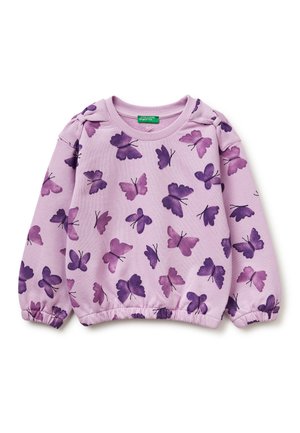Felpa lunga a maniche lunghe per bambini color lilla con polsini e orlo elasticizzati, decorata con motivi di farfalle nei toni del viola scuro e rosa.