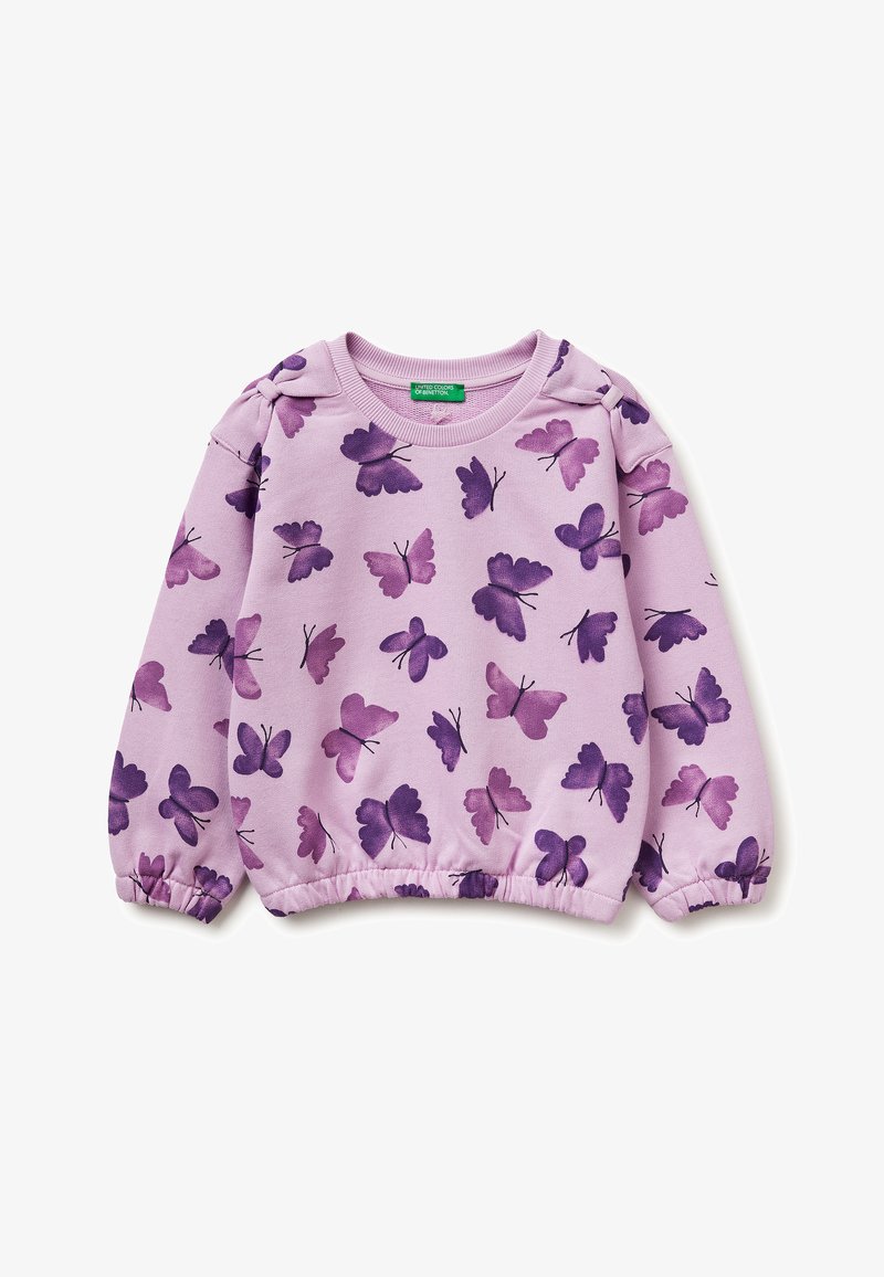 Lila kindertrui met lange mouwen, elastische manchetten en zoom, versierd met patronen van donkerpaarse en roze vlinders.