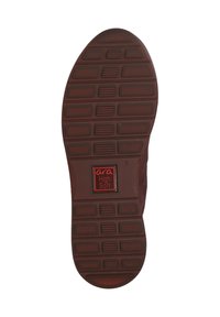 Suola marrone con un modello testurizzato di rettangoli e quadrati. Presenta un'etichetta rossa con "ara High Soft". Design piatto e flessibile.