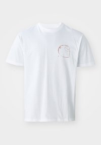White cotton t-shirt featuring a small brown spiral logo on the left chest, with short sleeves and a crew neck design.