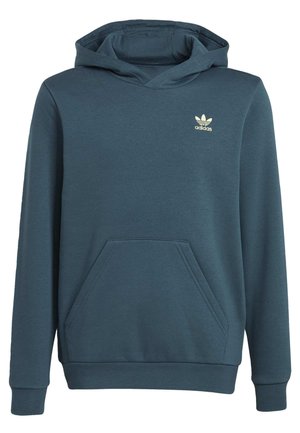 Tmavě zelená mikina s kapucí z měkké látky, vybavená klokáním kapsou a malým zlatým logem Adidas na hrudi. Žebrované manžety a lem.