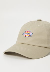 Boné de beje em algodão com uma aba curva, apresentando um logotipo colorido bordado na frente e construção de seis painéis.