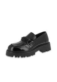 Black patent leather loafers with a chunky rubber sole, featuring a woven chain detail across the vamp and a sleek, rounded toe design.