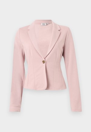 Φωτεινό ροζ εφαρμοστό σακάκι με μακριά μανίκια, κλείσιμο με ένα καφέ κουμπί και γιακά με σχισμή.