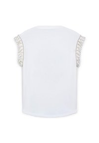 Top bianco a maniche corte con dettagli frangiati sulle spalle. Tessuto liscio, orlo arrotondato e design minimalista.