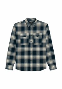Niebieska i biała koszula flanelowa w kratę z długimi rękawami, guzikiem z przodu, dwiema kieszeniami na piersi i spiczastym kołnierzykiem. Materiał bawełniany, miękka tekstura.