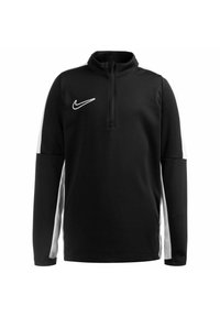 Pullover sportivo nero con mezza zip, logo Nike sul petto e pannelli laterali bianchi. Realizzato in un tessuto morbido ed elastico, presenta maniche lunghe.