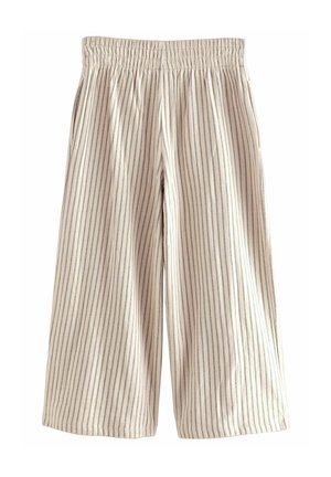 Pantaloni culotte in un tessuto beige chiaro con sottili righe verticali. Vita elastica, vestibilità ampia e taglio dritto. Texture morbida.