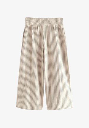 Culotte kelnės šviesiai beje spalvos audinio su plonomis vertikaliomis juostelėmis. Elastingas juosmuo, laisvas siluetas ir tiesus kirpimas. Minkšta tekstūra.
