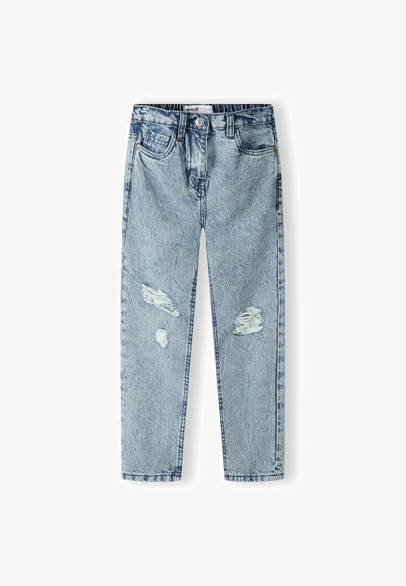 Blå denimjeans med hög midja, som har slitna lappar och ett rakt ben-design. Fem-fickors stil och kontrasterande sömmar.
