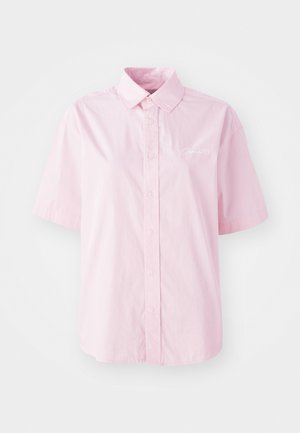 Lichtroze kortemouwen overhemd met knoopsluiting van katoen, met een klassieke kraag en subtiele witte logo-geborduurde details.