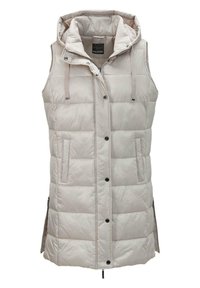 Hellgraune, gepolsterte Weste mit Kapuze, ausgestattet mit Vorderaschen, einem Reißverschluss und Druckknöpfen. Glattes, glänzendes Außenmaterial.