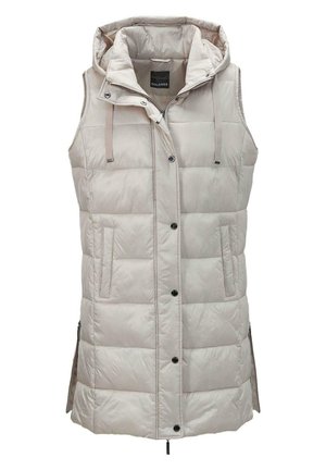 Lichtgrijze gewatteerde vest met een capuchon, voorzien van voorzakken, een ritssluiting en drukknoopsluiting. Glad, glanzend buitenmateriaal.