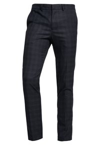 Op maat gemaakte donkerblauwe geruite broek met een slim fit, voorzien van een soepele stoffen textuur en zijzakken. Ceintuurlussen zijn in het ontwerp verwerkt.