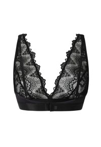 Mustavalmoinen pitsibraletti, jossa on syvä V-pääntie, aaltoilevat reunat, säädettävät hihnat ja suora vyötärö. Teksturoitu kukkapitsimuotoilu.